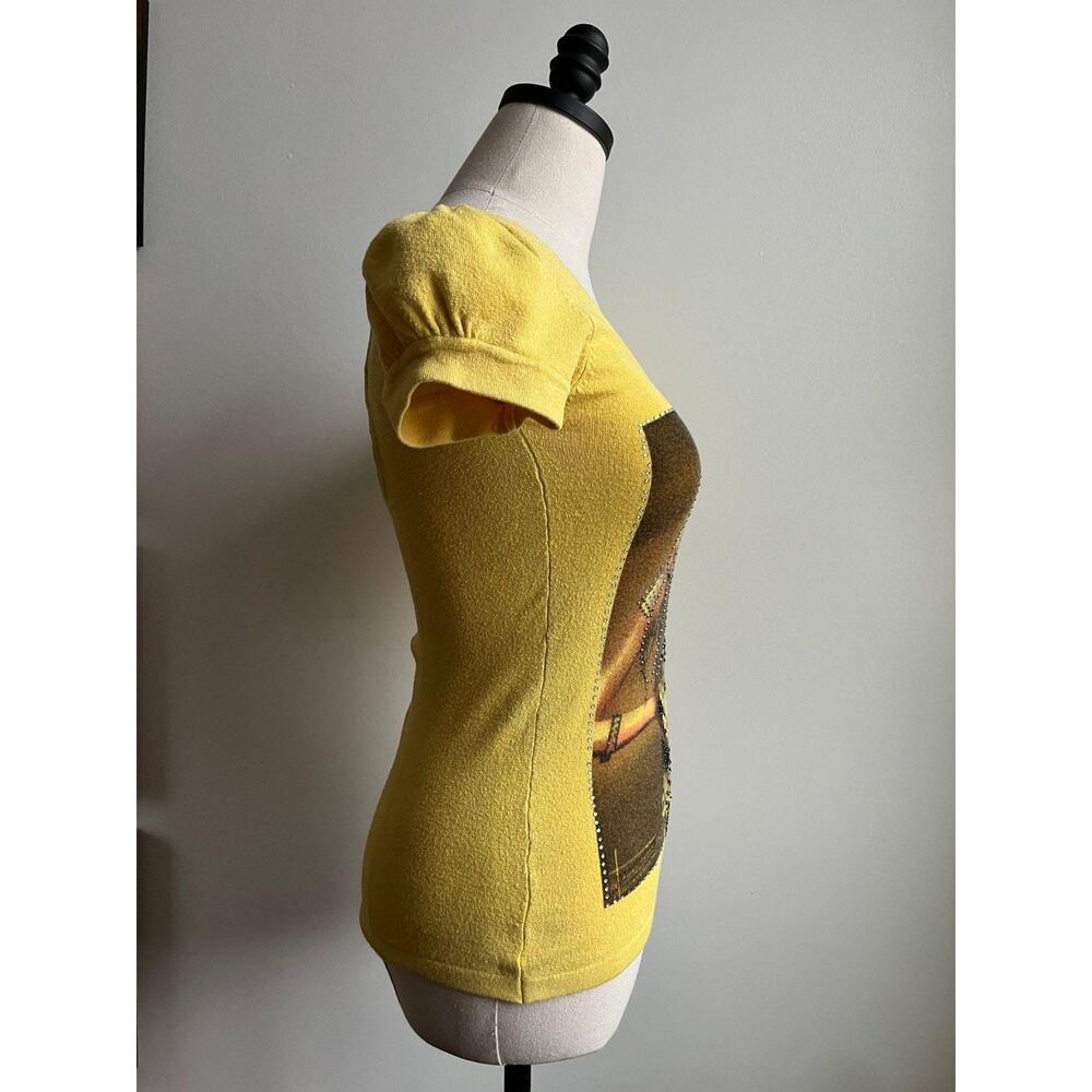 Vintage Y2K Rhinestone Baby Tee | Yellow Knit Cutout Back Puff Sleeve | XS - Picture 6 of 9